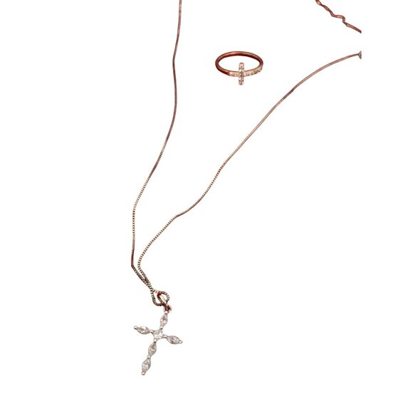 Sterling Silver Necklace & Ring Set Cross Pendant Christian GUC marked crystal - Picture 7 of 16